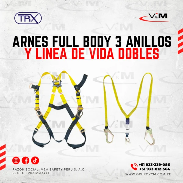 KIT: Arnes full body 3 anillos + línea de vida doble - TRX
